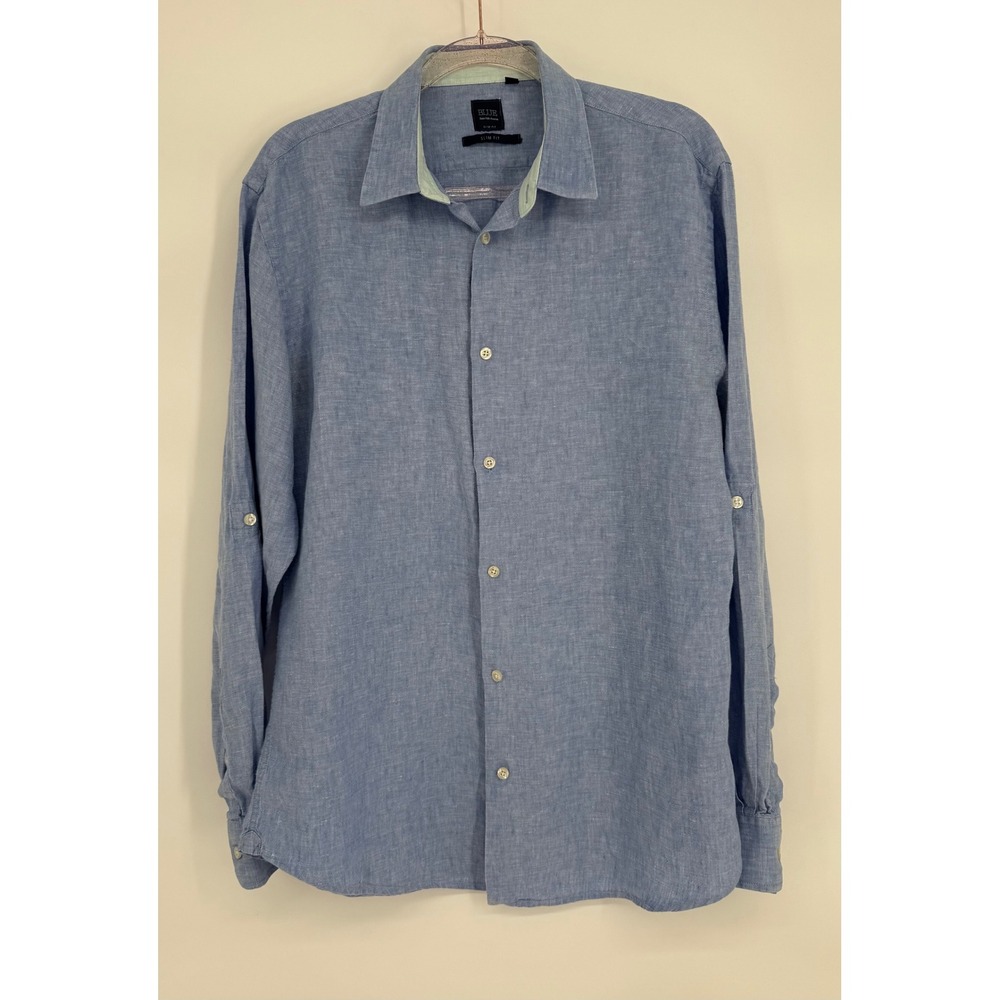 Saks Fifth Avenue BLUE Mens Slim Fit Blue Linen Blend Roll Tab Sleeve Shirt Sz L